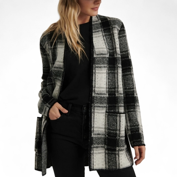 Lucky Brand Gray Multicolored Plaid Open Cardigan Wool Blend Medium - Picture 1 of 7